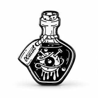 Black and white Oculus potion bottle enamel pin featuring a cork stopper, hanging label and mystical eye.