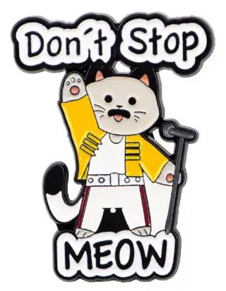 Cat-themed “Don’t Stop MEOW” pin featuring a cartoon cat in a yellow stage jacket holding a microphone.