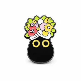 Black cat enamel pin with large yellow eyes and a colourful bouquet of pink, yellow and green flowers on a white background.