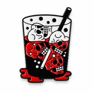 Red, black and white enamel pin featuring a glass filled with skulls, ice cubes and a drinking straw.