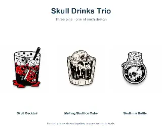 Skull Drinks Trio: Skull Cocktail, Melting Skull Ice Cube and Skull in a Bottle enamel pins, shown together on a white background; one of each design.