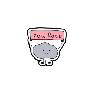 “You Rock” pin featuring a smiling grey rock character holding a pink sign.